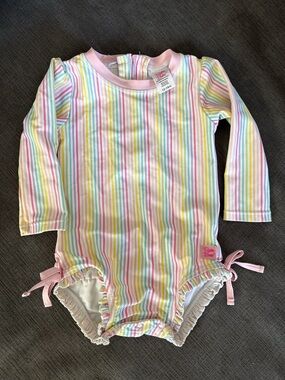 Ruffle Butts Pastel Rainbow Stripe Long-Sleeve One-Piece